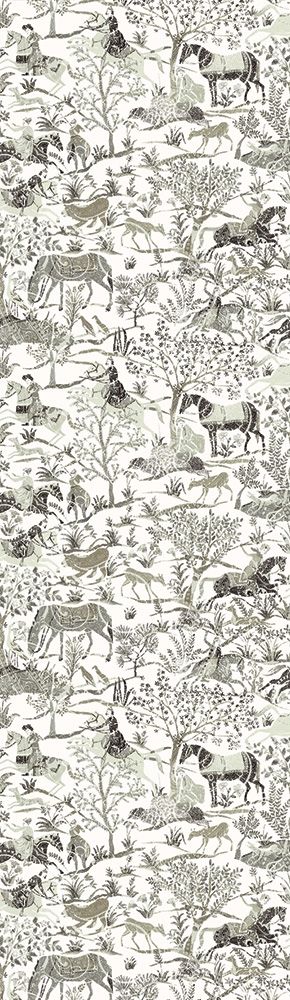 Marwari Rock tapet med djur, botaniskt mönster i vit. Från kollektionen Summer. Nonwoven-material.