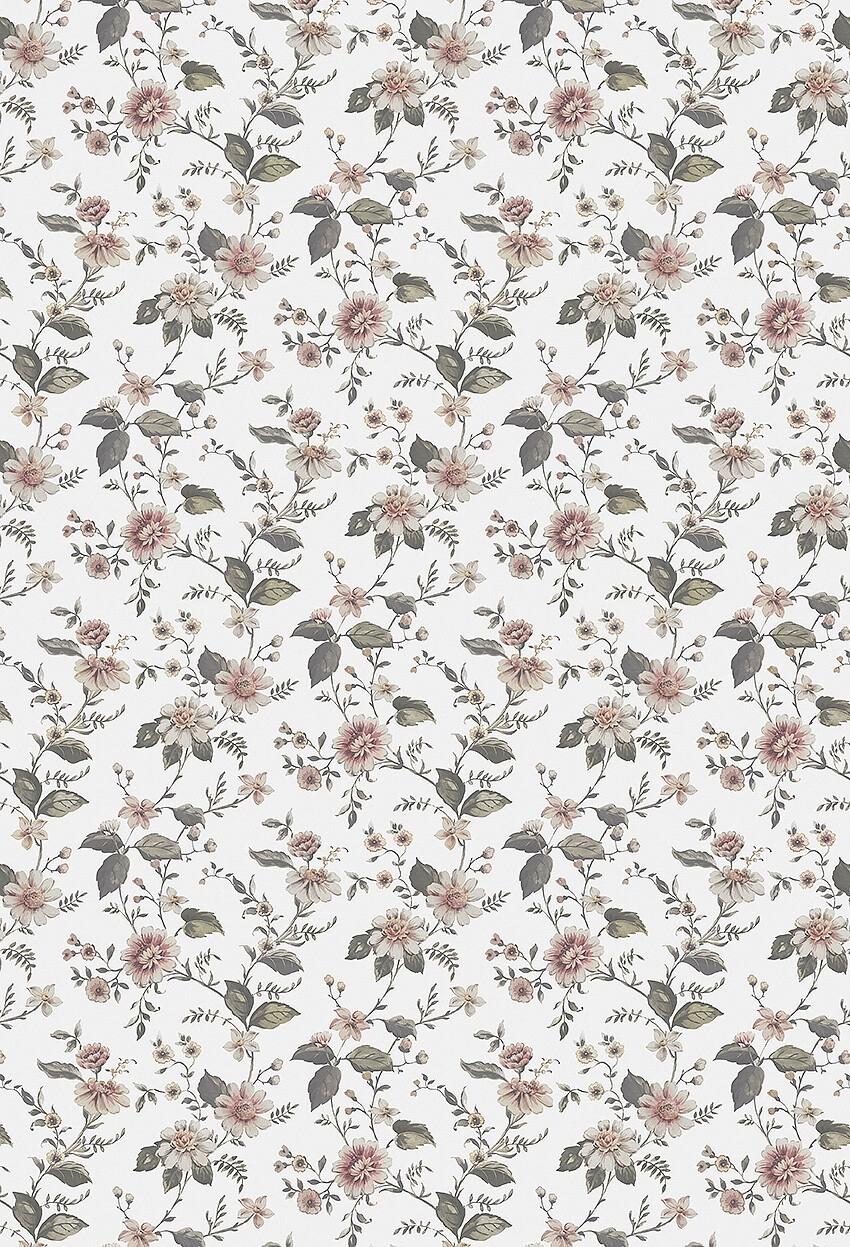Marion's Mural blommig med benvit botten tapet med blommigt mönster i vit. Från kollektionen Cottage Garden. Nonwoven-material med rak passning. Passar i vardagsrum, matsal och hall.