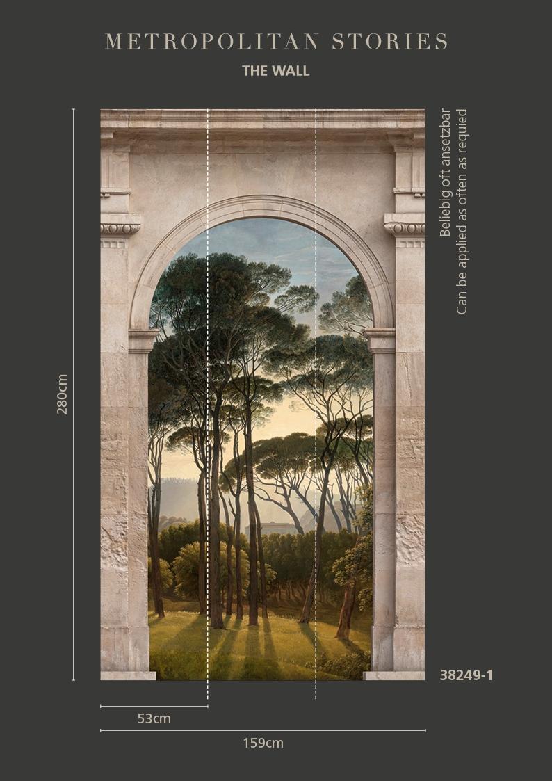 Eyecatcher tapet med illustration, grafiskt mönster i grå och grön. Från kollektionen The Wall. Nonwoven-material. Passar i vardagsrum och matsal.