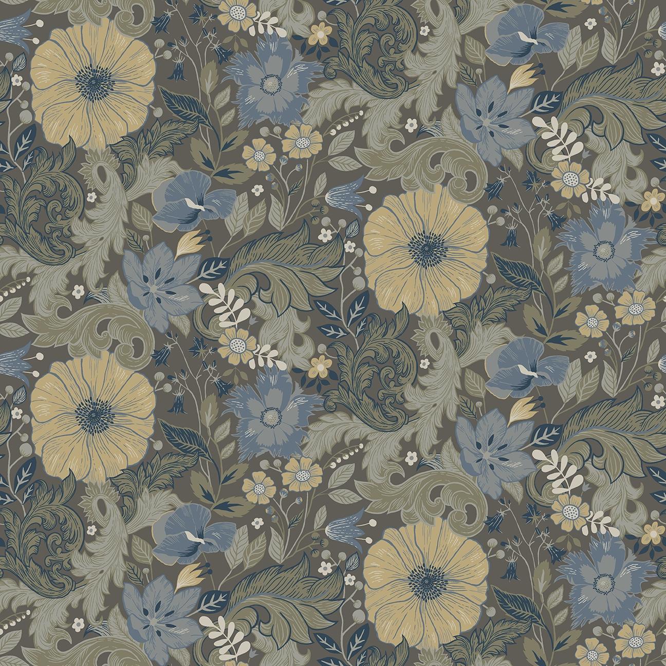 Victor tapet med blommigt mönster i gul. Från kollektionen Ängås. Nonwoven-material med rak passning.