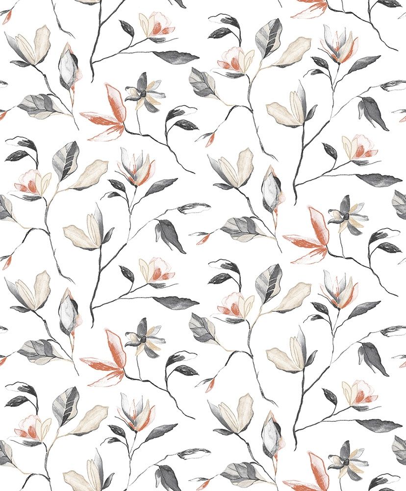 Blooming, orange tapet tapet med botaniskt mönster i vit. Från kollektionen Aquila. Nonwoven-material med förskjuten passning.