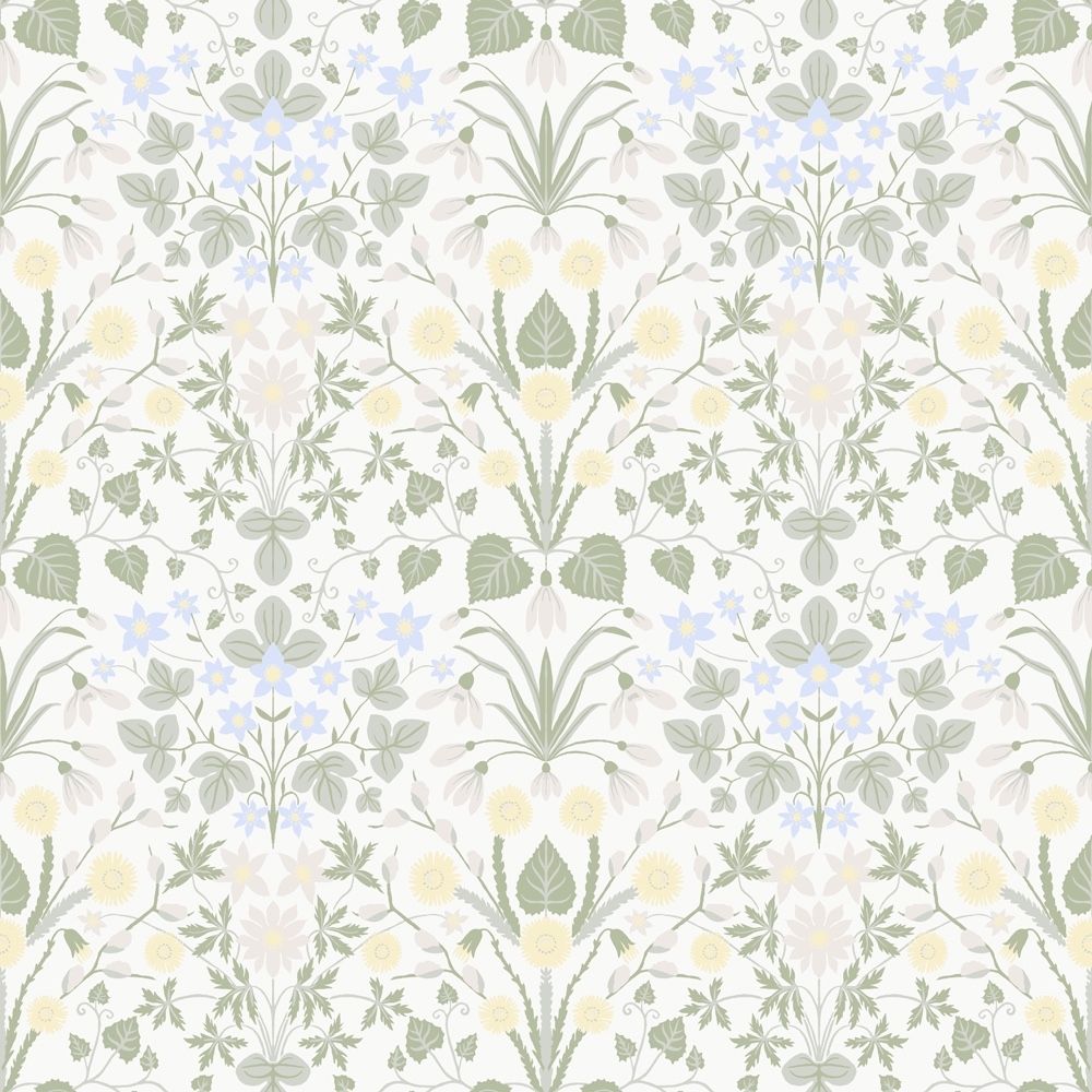 Vårblommor, vit tapet tapet med blommigt mönster i vit. Från kollektionen Långenäs. Nonwoven-material med rak passning.