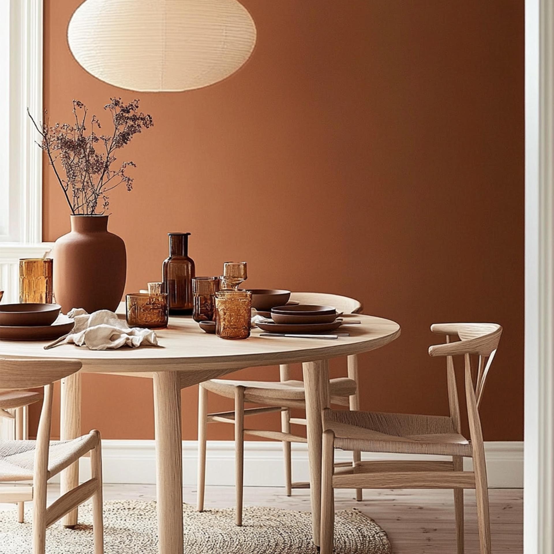 A round wooden dining table set with tableware and a vase, against a terracotta wall under a paper lantern.