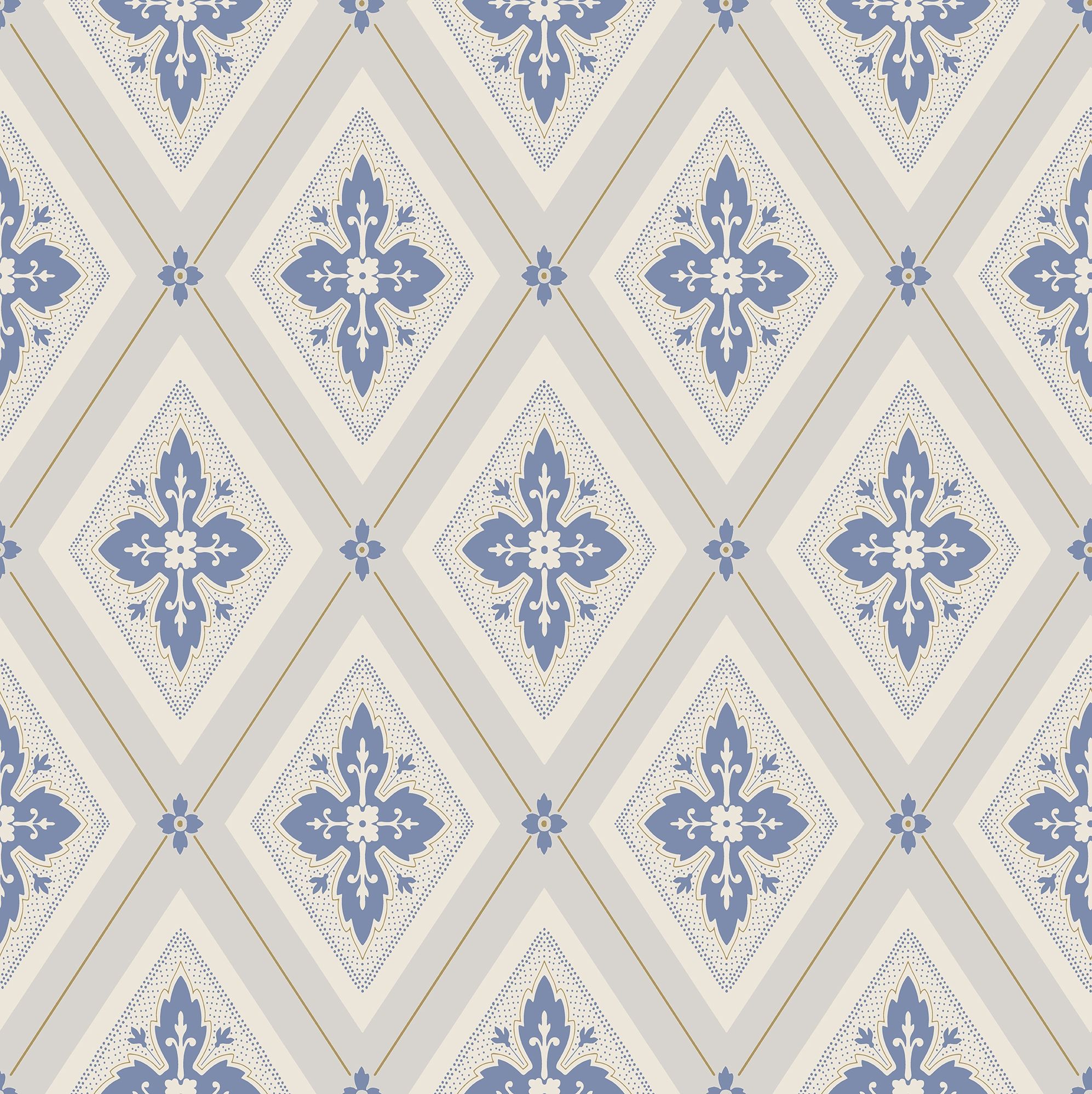 Astrid, Blå tapet från duro med geometriskt mönster i blå. Från kollektionen Gammalsvenska QuickUp. Nonwoven-material med rak passning.