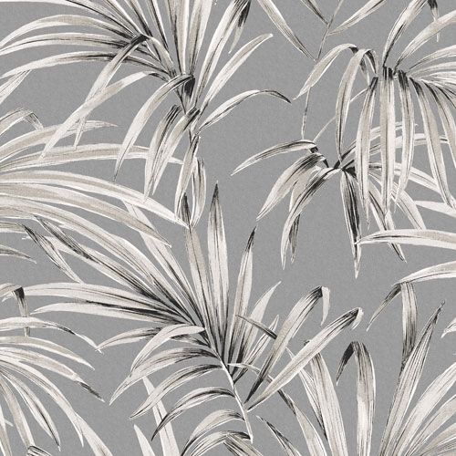 Palm midnight tapet med botaniskt mönster i grå. Från kollektionen lotus. Nonwoven-material med förskjuten passning.