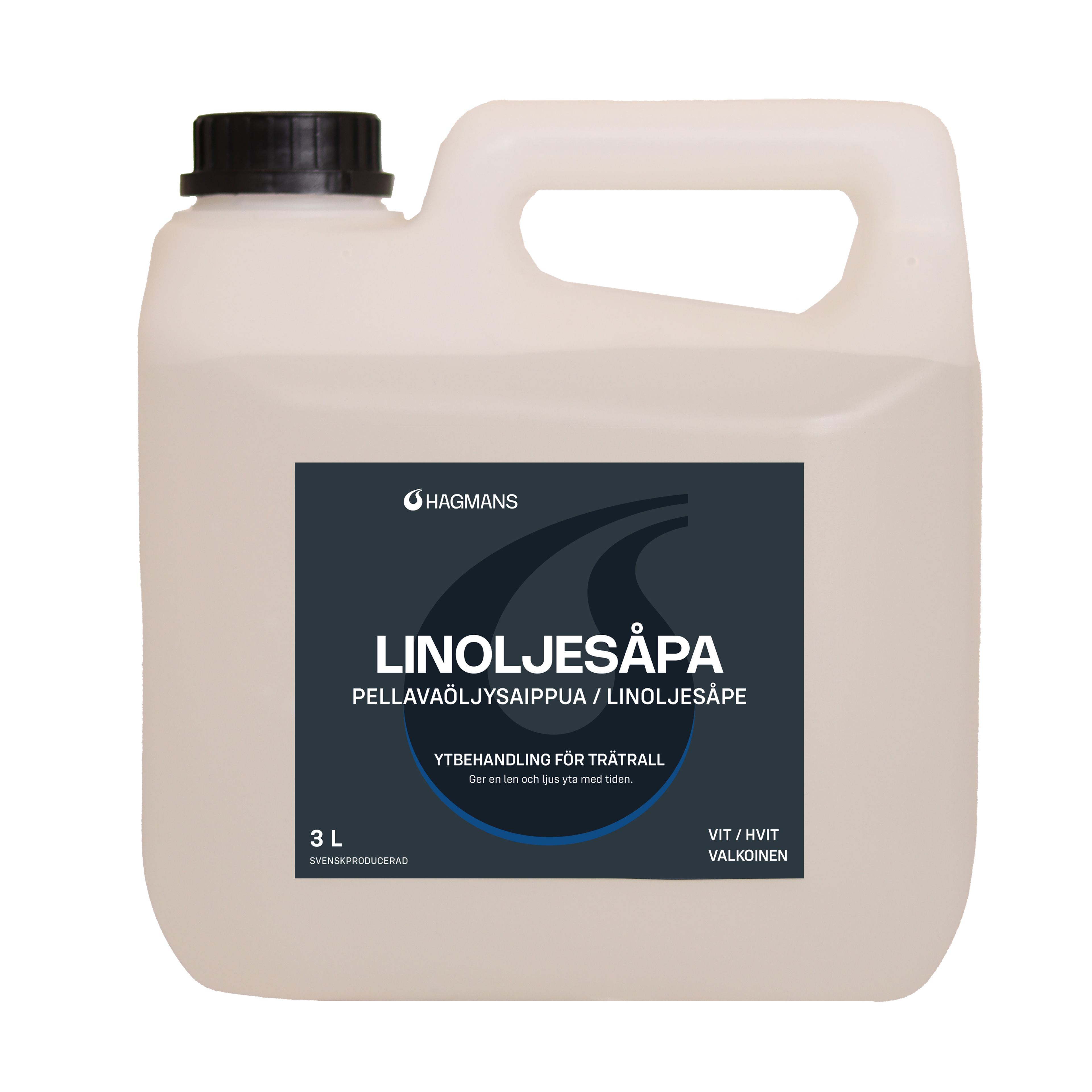 A 3-liter translucent plastic jug of Hagmans Linoljesåpa (linseed oil soap) for wood decking.