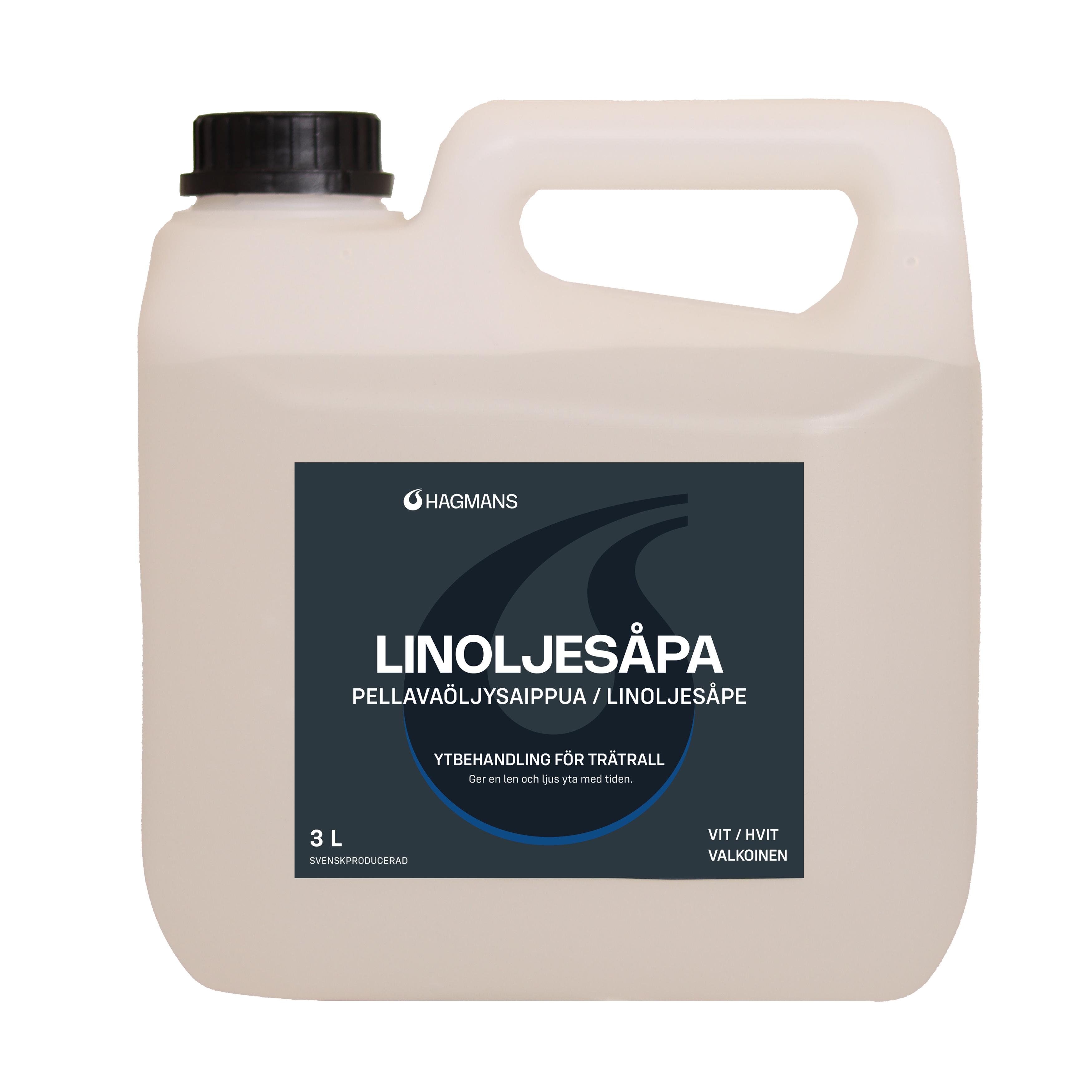 A 3-liter translucent plastic jug of Hagmans Linoljesåpa (linseed oil soap) for wood decking.