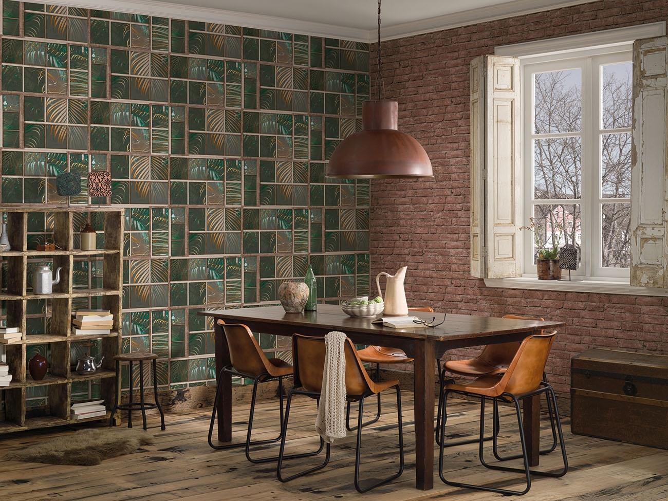 Tiles, strukturtapet i brun tapet med tegelsten mönster i brun. Från kollektionen best of wood n stone 2. Nonwoven-material med förskjuten passning. Passar i vardagsrum och matsal.