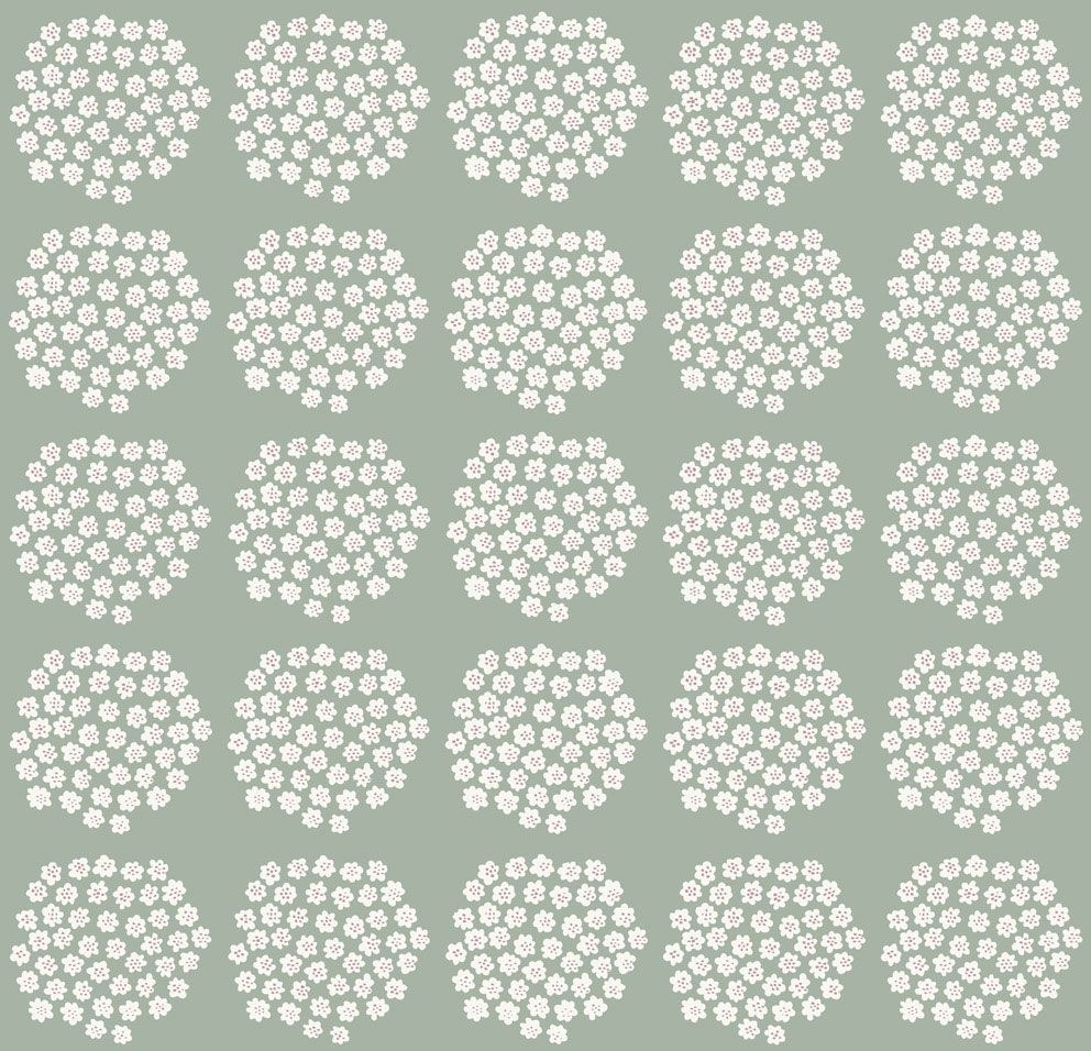 Puketti tapet med blommigt mönster i grön. Från kollektionen Marimekko 6. Nonwoven-material med rak passning.