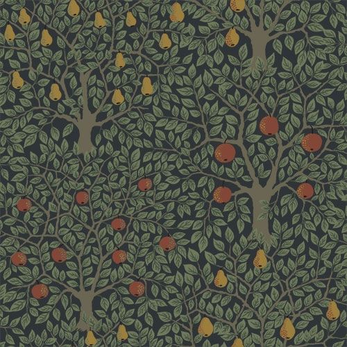 Pomona trädmönster, mörk botten och ljusgröna blad tapet med botaniskt mönster i grön. Från kollektionen Grönhaga. Nonwoven-material med förskjuten passning. Country-stil. Passar i barnrum.