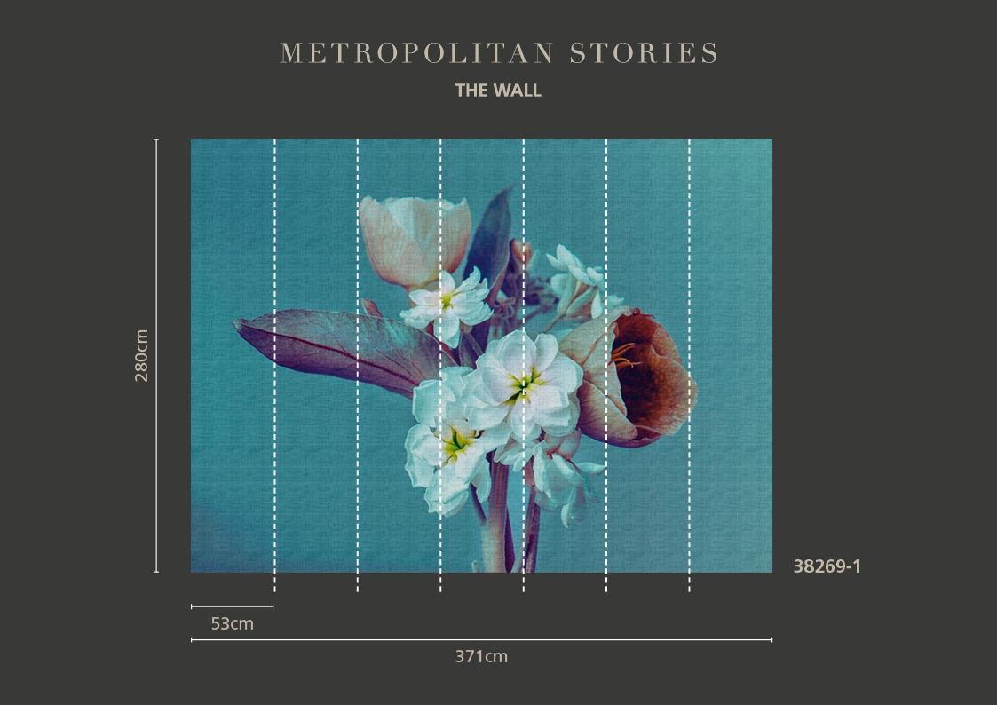 Flowers tapet med blommigt mönster i blå. Från kollektionen The Wall. Nonwoven-material. Passar i vardagsrum och matsal.