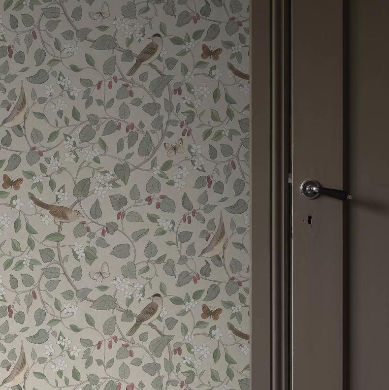 Wallpaper with a pattern of birds, butterflies, leaves, flowers, and berries next to a brown door.
