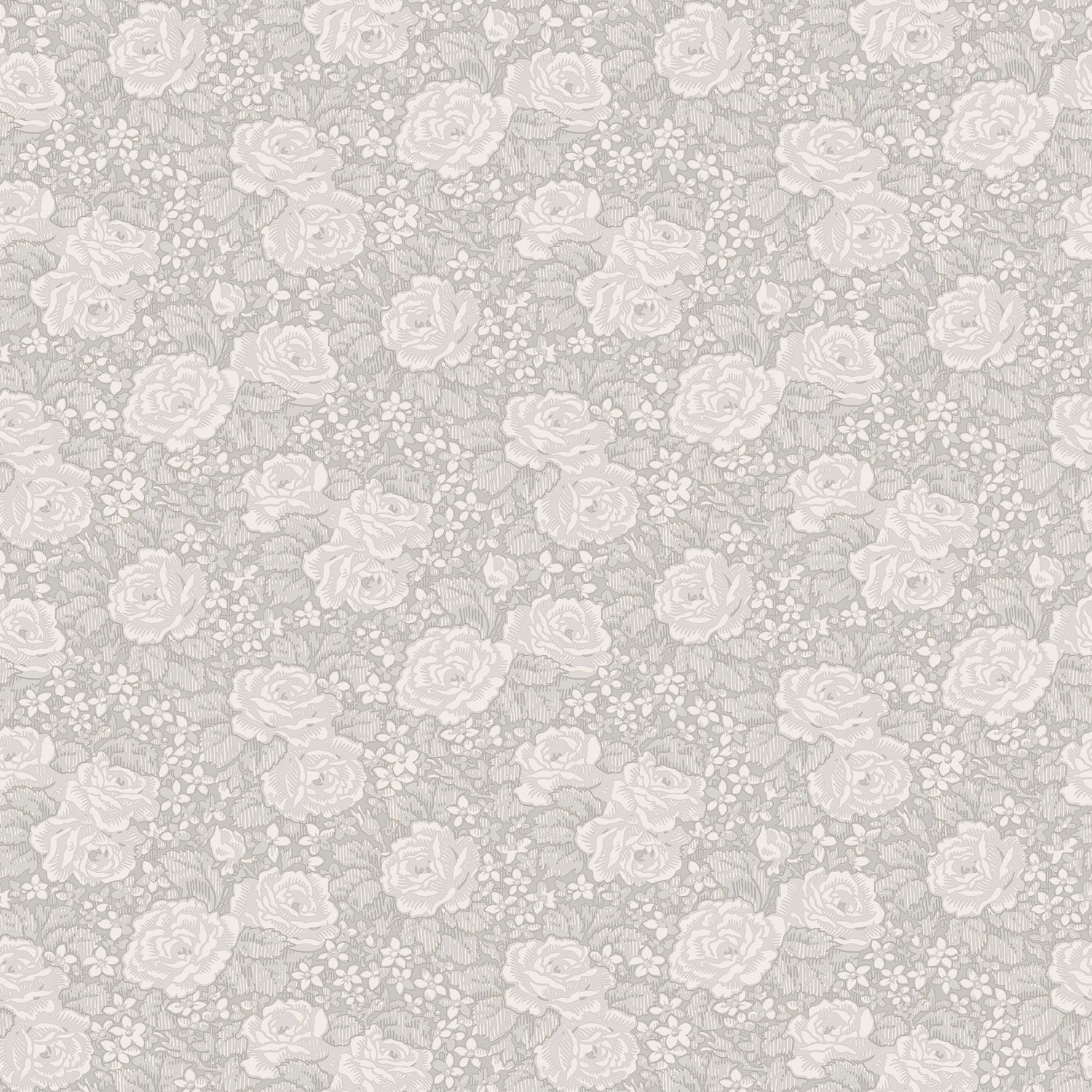 Rosengång tapet med blommigt mönster i grå. Från kollektionen Rosenlycka. Nonwoven-material med rak passning. Passar i vardagsrum, sovrum och matsal.