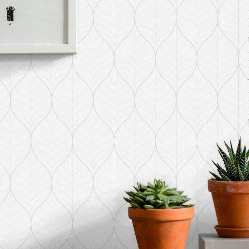 Blad, Silver tapet från duro med botaniskt mönster i vit. Från kollektionen Natur. Nonwoven-material med rak passning. Vintage, stram-stil.