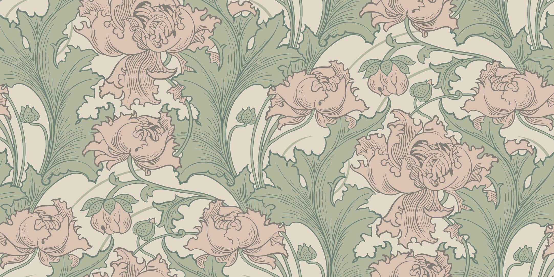 Siri tapet från Boråstapeter med botaniskt mönster i rosa och grön. Från kollektionen anno. Nonwoven-material med förskjuten passning. Country-stil. Passar i sovrum och matsal.