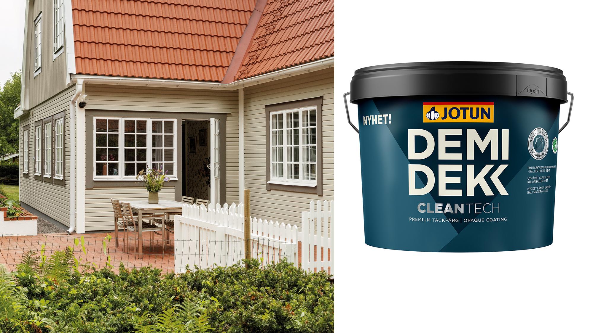 A light-colored house with a red roof and patio next to a blue Jotun Demidekk Cleantech paint bucket.