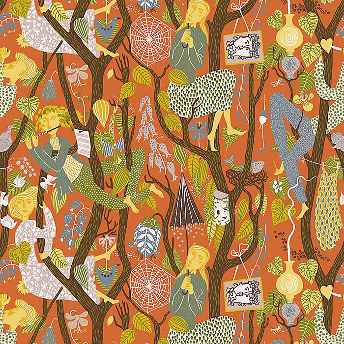 Melodi tapet från Boråstapeter med botaniskt, retro mönster i röd och gul. Från kollektionen Scandinavian Designers II. Nonwoven-material med rak passning. Vintage, lek-stil.