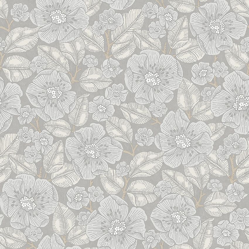 Borosan 21 8617 tapet med blommigt mönster i grå. Från kollektionen Borosan 21. Papper-material med rak passning.
