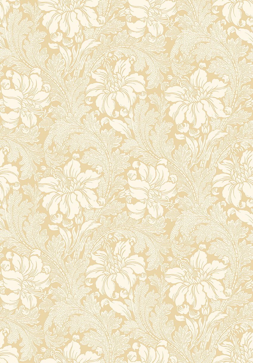 Acanthus storblommig, ljusbeige/gul tapet med blommigt mönster i gul. Från kollektionen Vårt Arkiv. Nonwoven-material med rak passning.