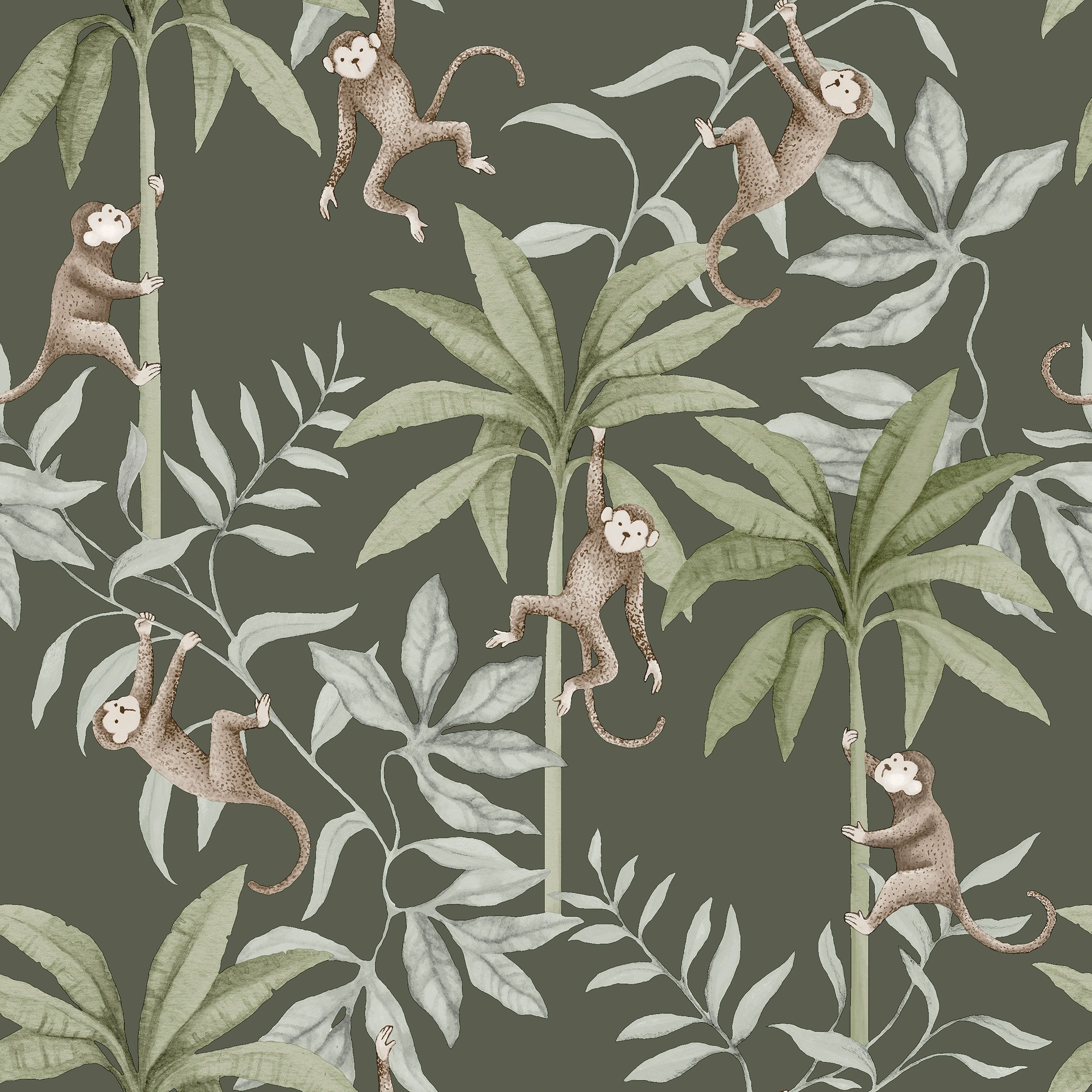 Jungle Friends grön, tapet tapet med djur, barnrum, naturochlandskap mönster i grön. Från kollektionen Newbie II Wallpaper. Nonwoven-material med rak passning. Passar i sovrum.