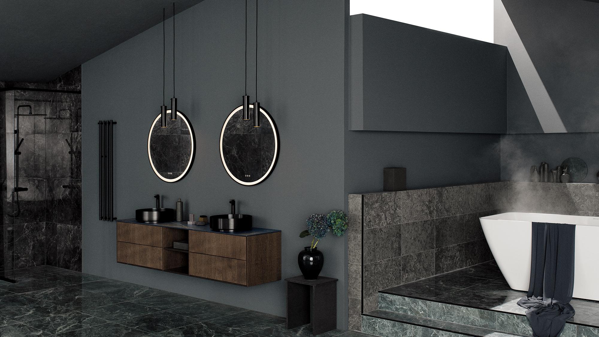 A luxurious dark-toned bathroom featuring a double vanity with illuminated mirrors, a shower, and a steaming bathtub.