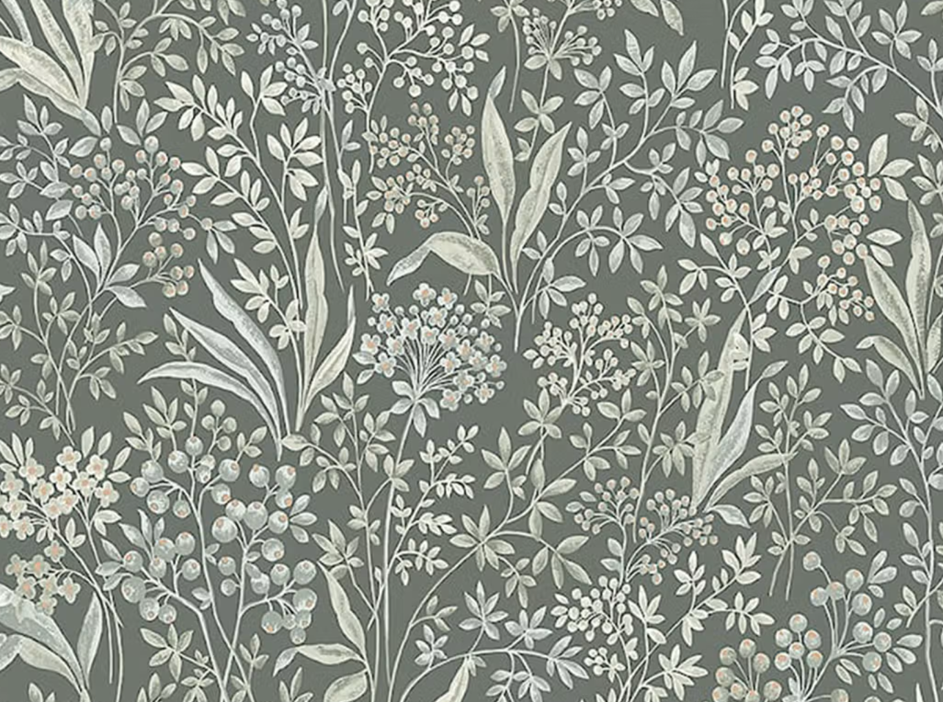 Light gray botanical pattern with leaves, berries, and flowers on a dark green background.