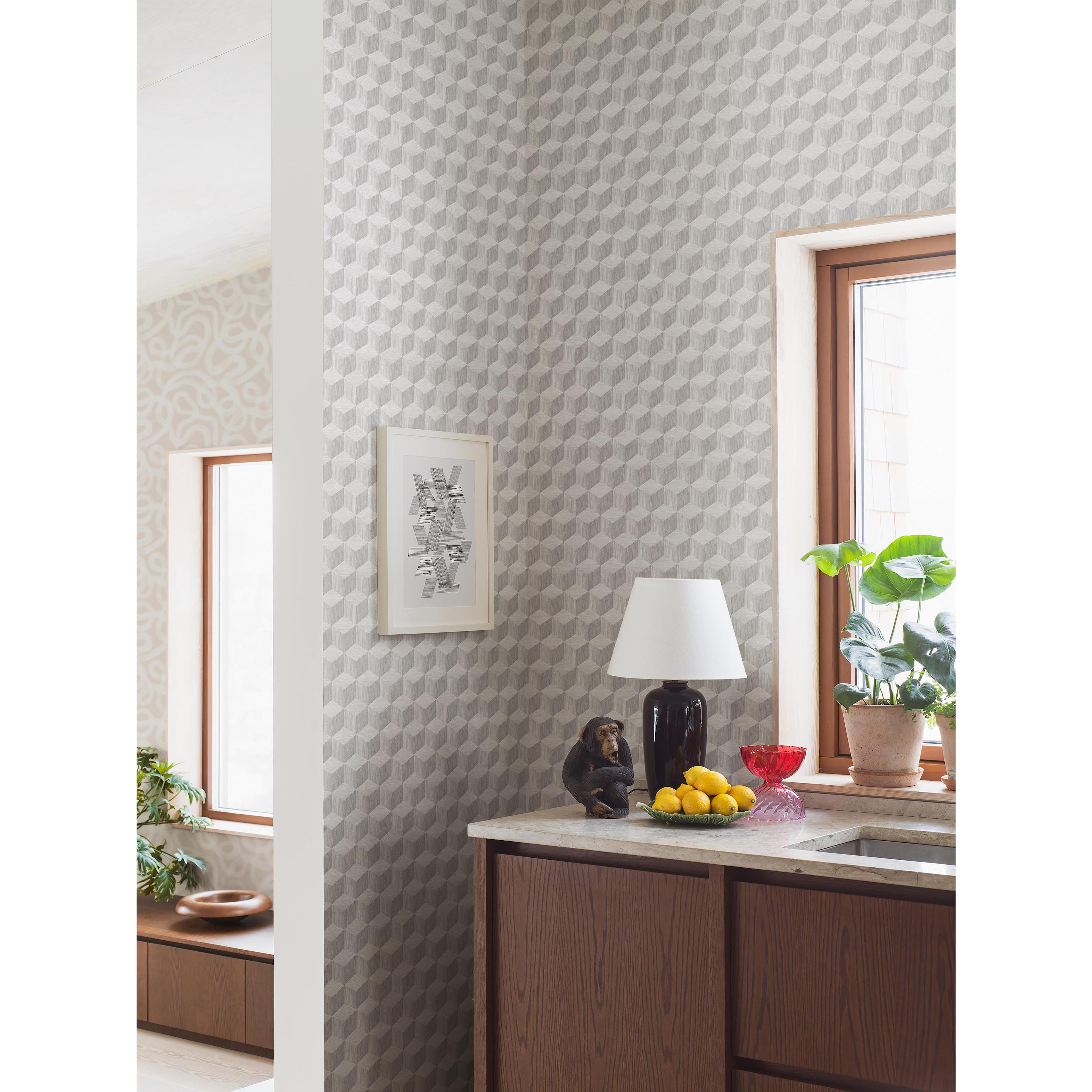 Cube grå, tapet tapet med rutigt, grafiskt mönster i grå. Från kollektionen Graphics. Nonwoven-material med rak passning. Passar i kök.
