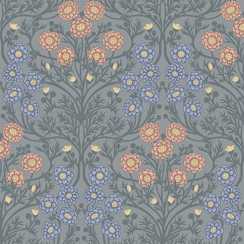 Bellis små blommor, blå tapet från Midbec med blommigt mönster i blå. Från kollektionen Ekbacka. Nonwoven-material med förskjuten passning.