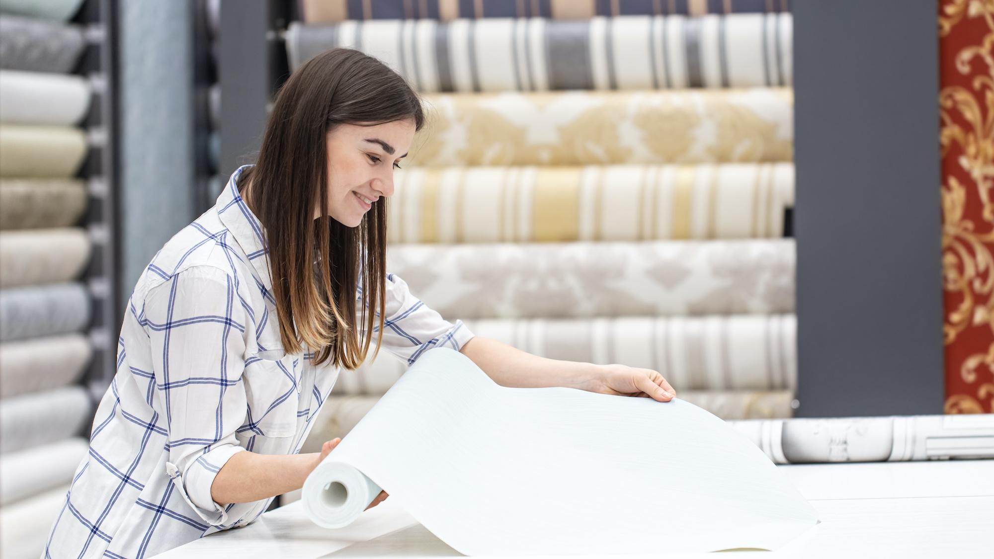 Smiling woman unrolling a plain roll of wallpaper in a store.