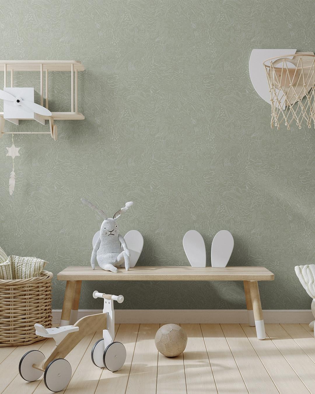 Klara o Tove landskapsdjur ljusgrön, tapet tapet med botaniskt mönster i grön. Från kollektionen Klara o Tove. Nonwoven-material med rak passning. Passar i vardagsrum, sovrum och hall.