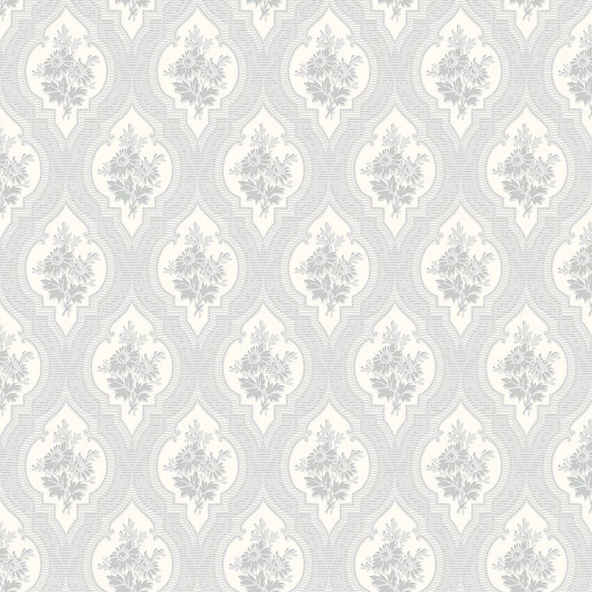Eternal Flower tapet tapet med blommigt, trellis mönster i grå. Från kollektionen Dreamy Escape. Nonwoven-material med förskjuten passning. Passar i vardagsrum och matsal.