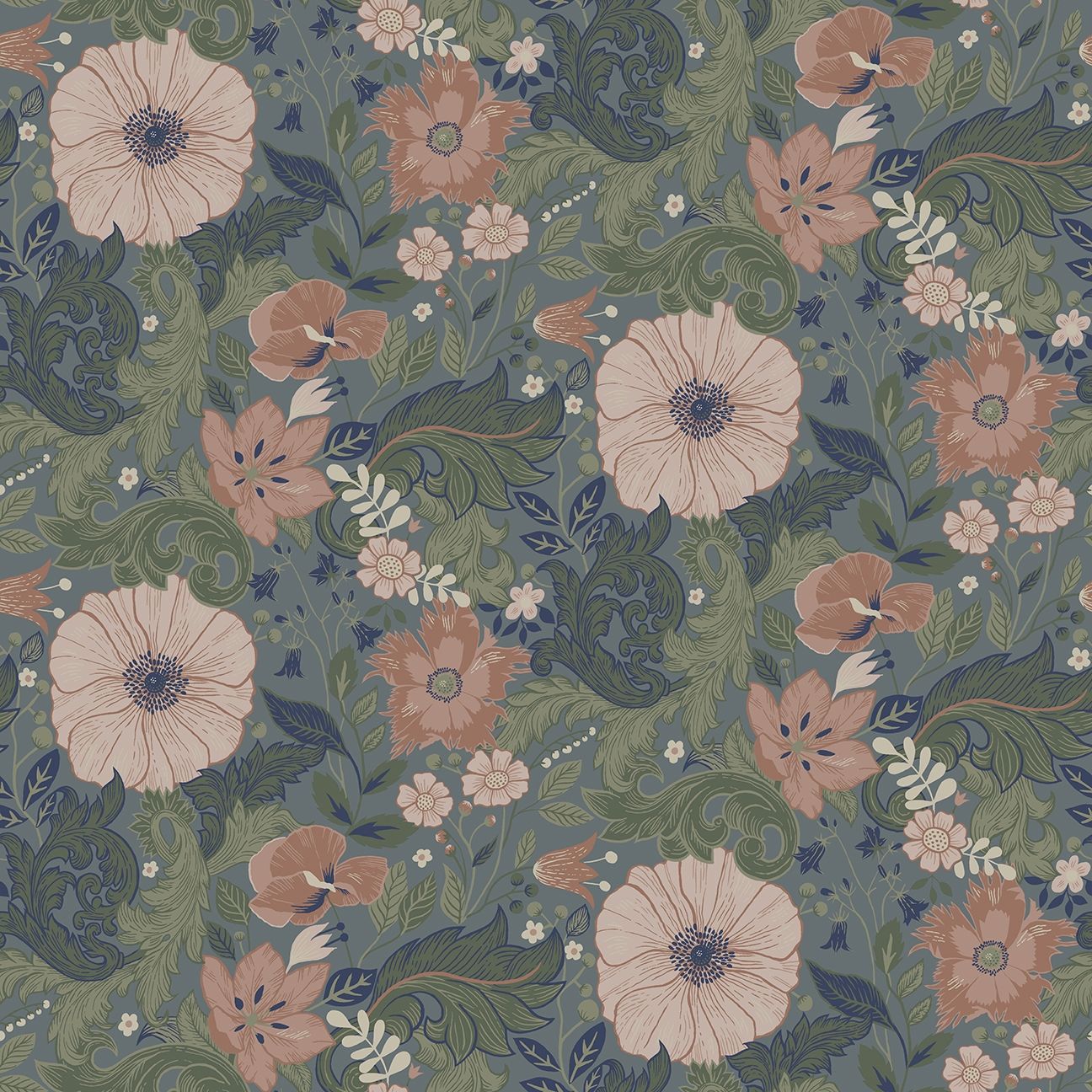 Victor tapet med blommigt mönster i blå. Från kollektionen Ängås. Nonwoven-material med rak passning.