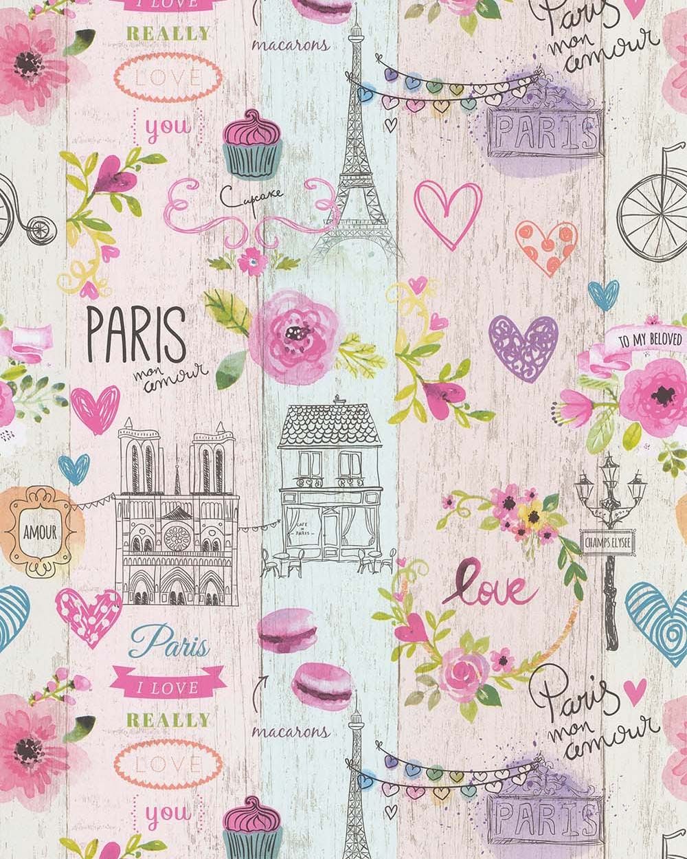 paris my love tapet med illustration mönster i rosa. Från kollektionen les aventures. Papper-material med rak passning. Passar i vardagsrum och matsal.
