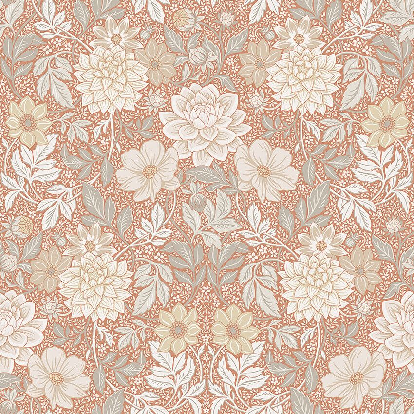 Dahlia Garden, röd tapet med blommigt mönster i röd. Från kollektionen Falsterbo III. Nonwoven-material med rak passning.