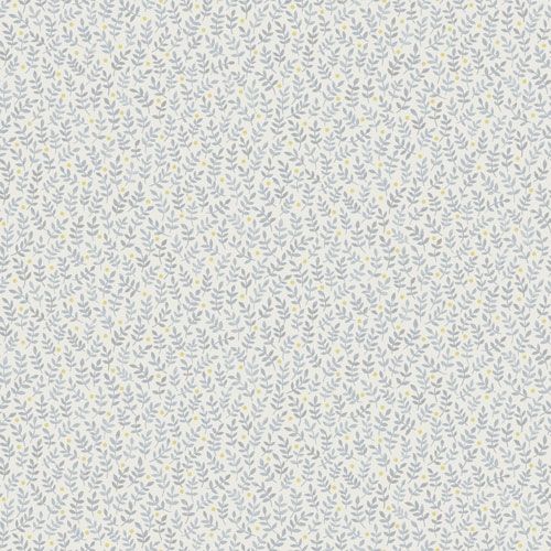 Junis ljus tapet med små blad i blått tapet från Midbec med botaniskt mönster i blå. Från kollektionen Morgongåva. Nonwoven-material med rak passning.