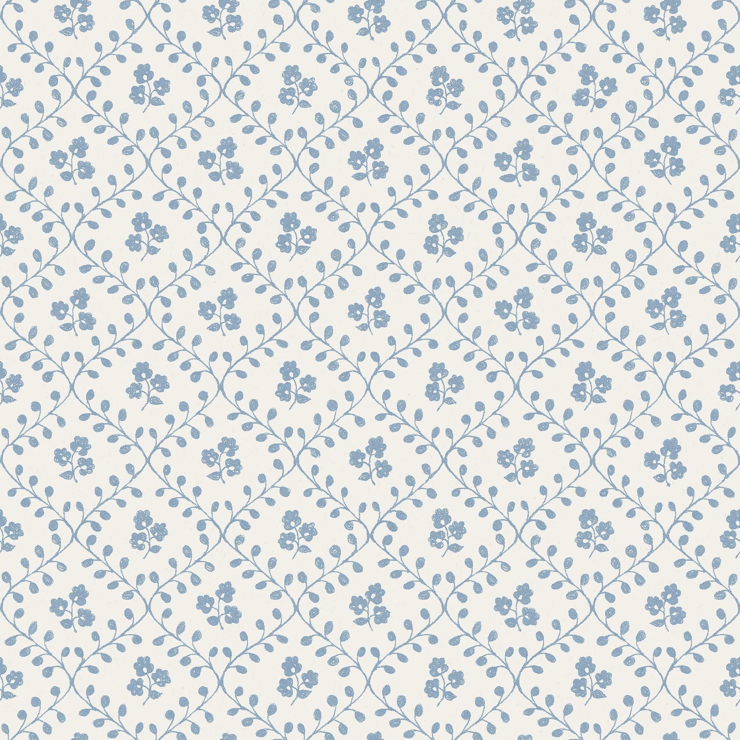 Idun blå, tapet tapet med medaljonger, blommigt, trellis mönster i blå. Från kollektionen Nordic Folk. Nonwoven-material med rak passning. Passar i matsal och kök.