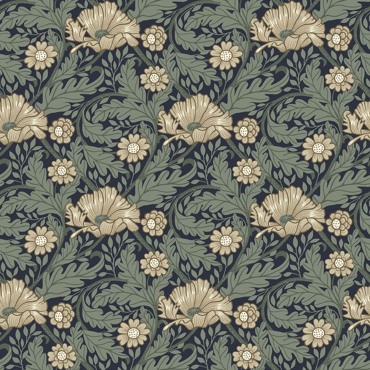 Esther tapet med blommigt mönster i blå. Från kollektionen Ängås. Nonwoven-material med rak passning. Country-stil.