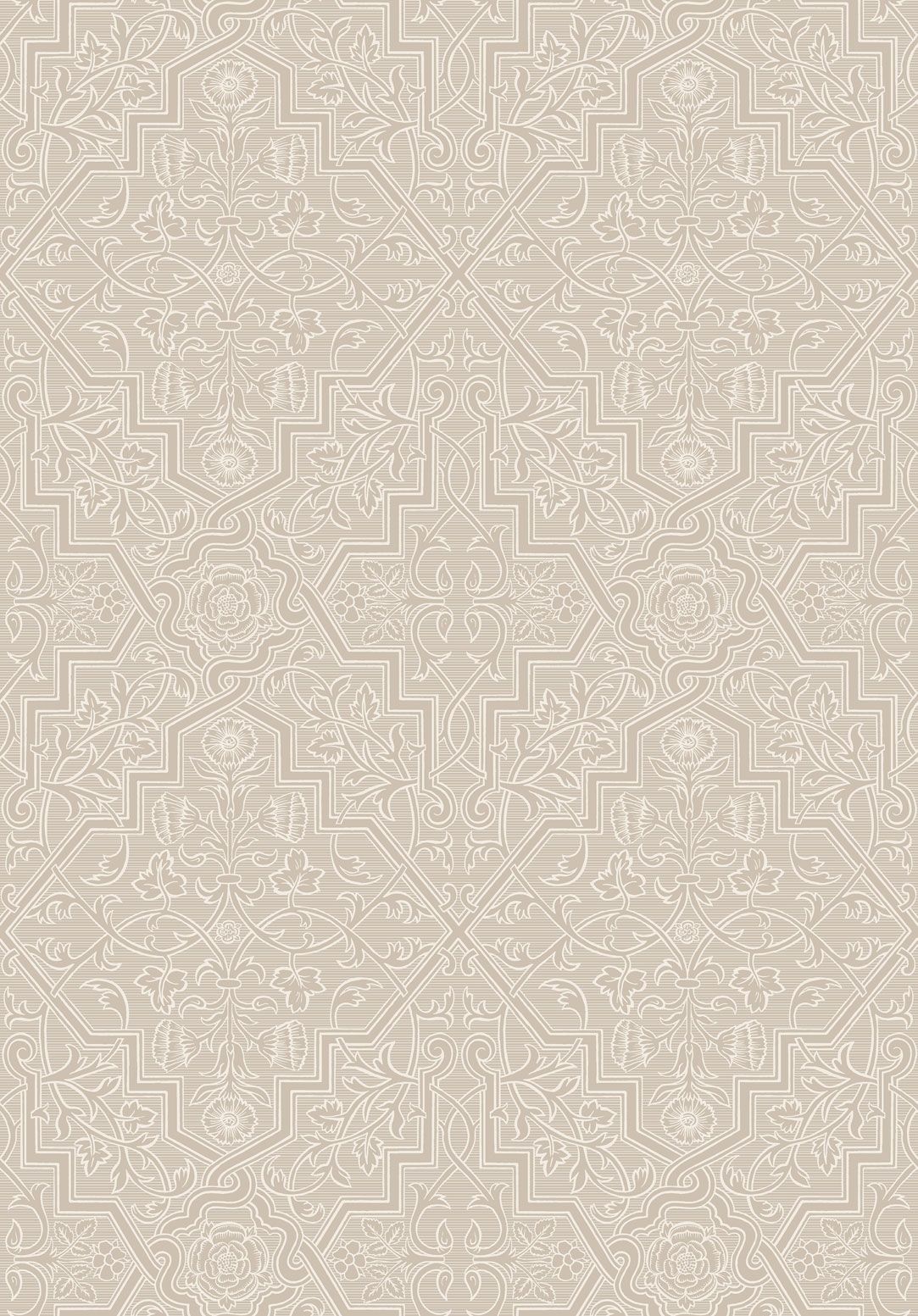 Rosenvinge, vit/grå tapet från Boråstapeter med medaljonger mönster i vit, brun och beige. Från kollektionen anno. Nonwoven-material med rak passning. Passar i sovrum och matsal.