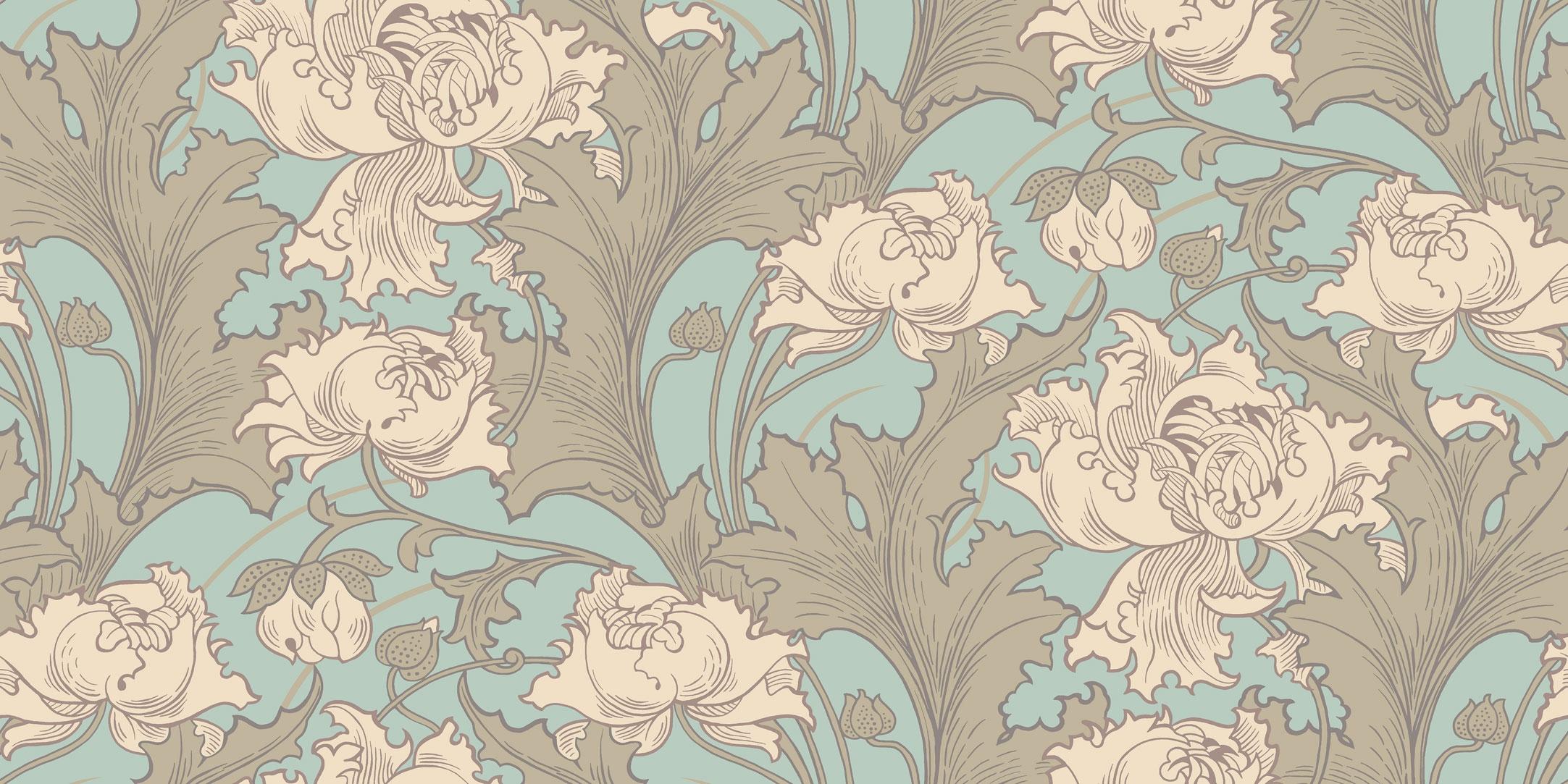 Siri tapet från Boråstapeter med botaniskt mönster i turkos och beige. Från kollektionen anno. Nonwoven-material med förskjuten passning. Vintage, lyx, country-stil. Passar i sovrum och matsal.