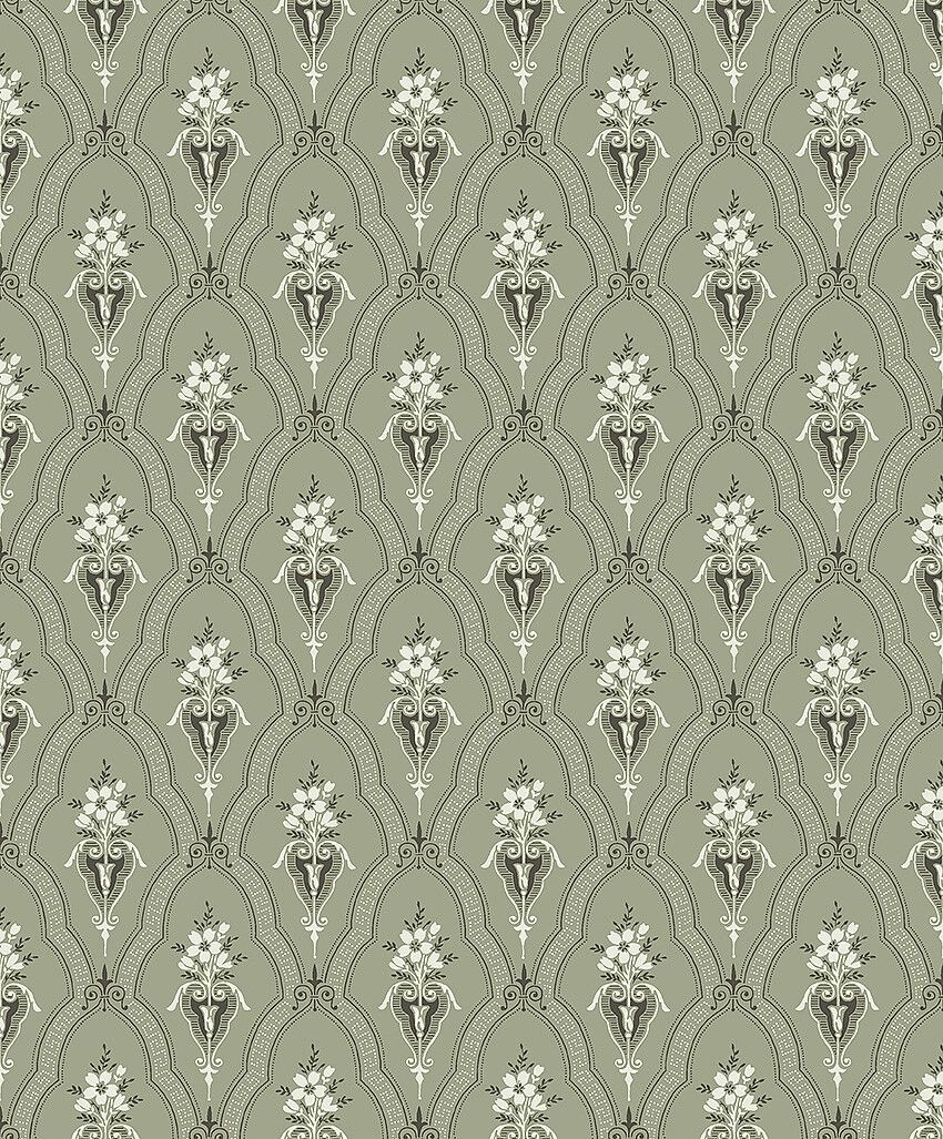 Klädesholmen tapet med trellis mönster i grön. Från kollektionen Alla Tiders Hus. Nonwoven-material med förskjuten passning. Passar i vardagsrum, matsal och kök.