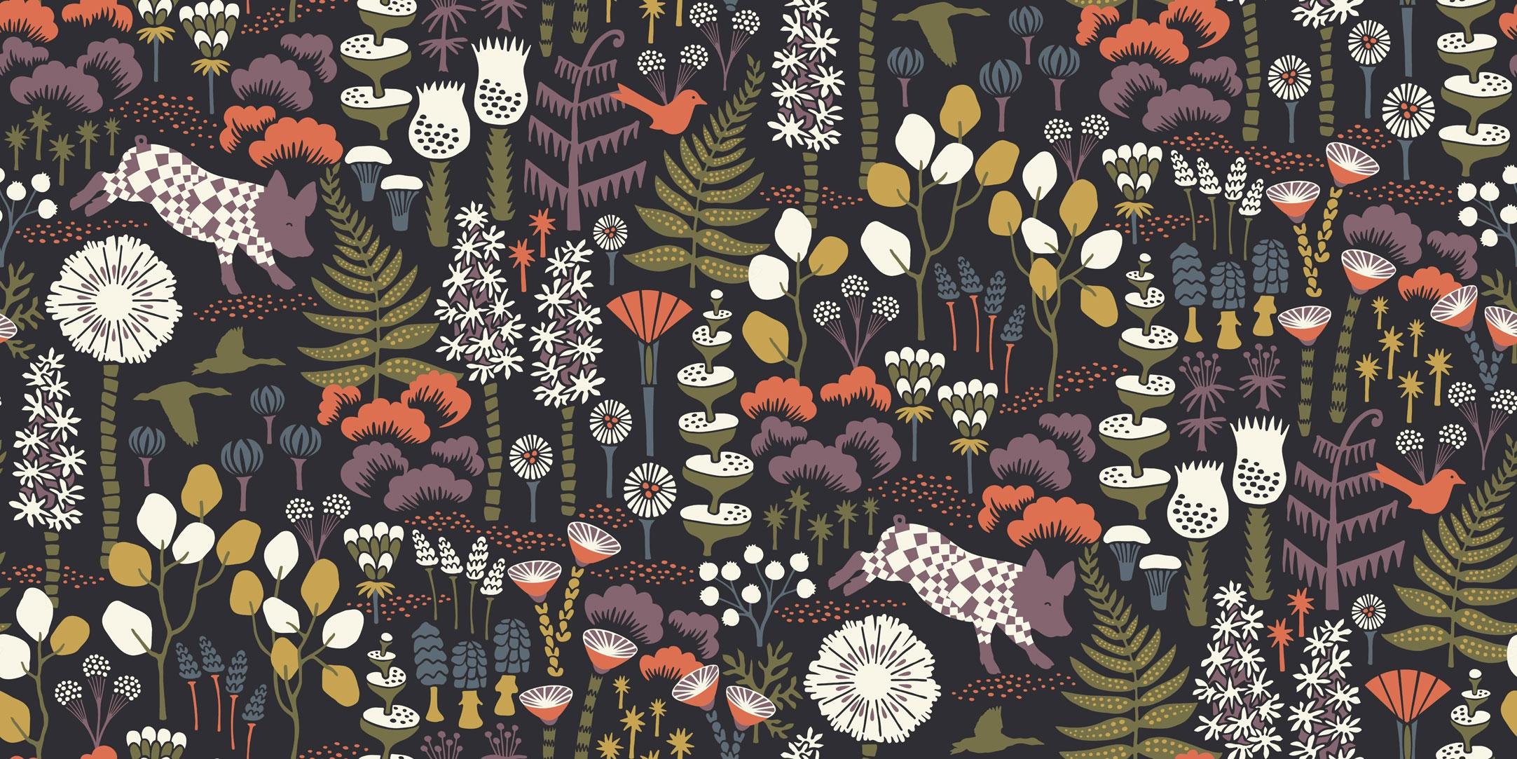 Hoppmosse från Boråstapeter i svart, lila, grön och multifärg. Från kollektionen Wonderland.