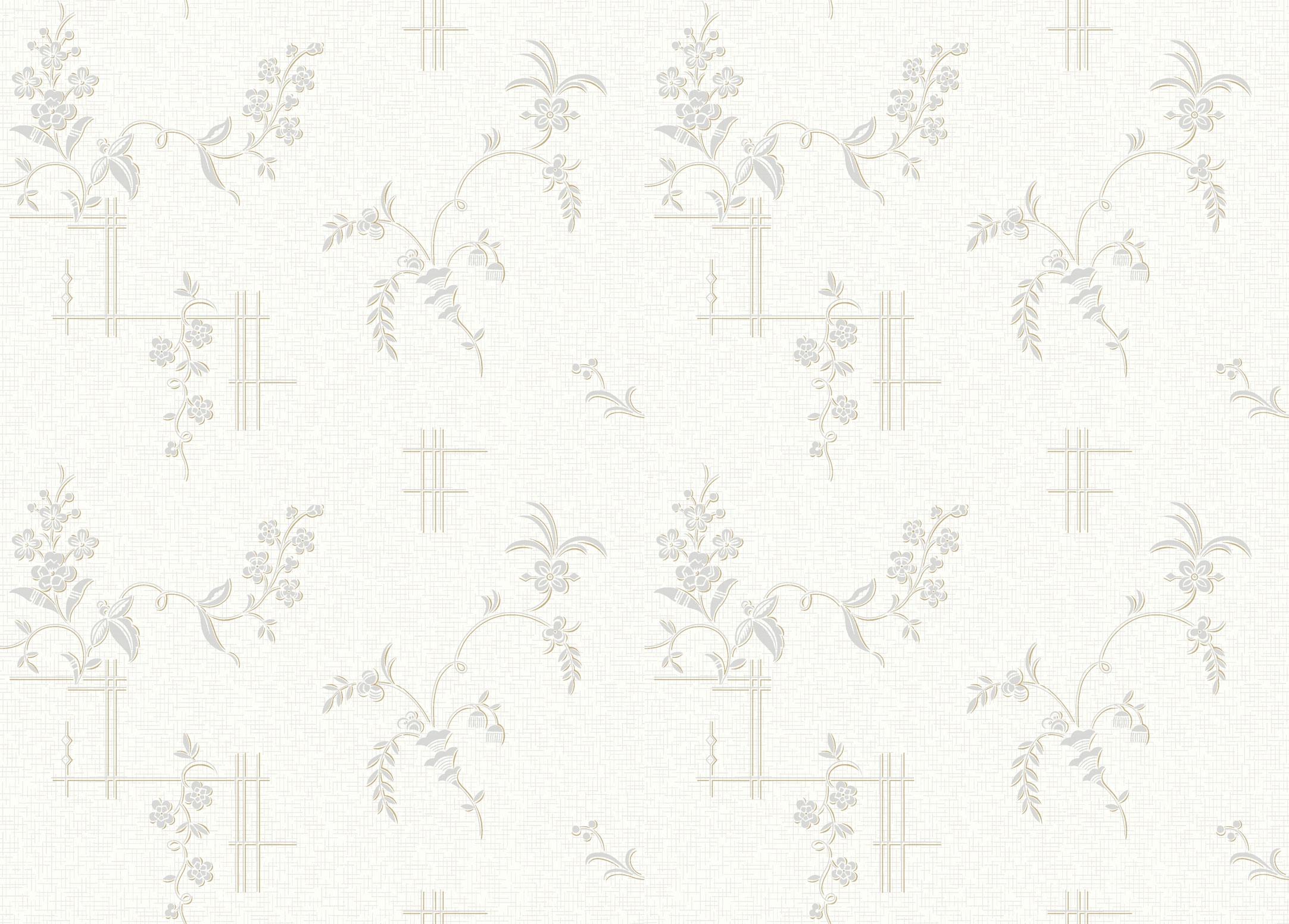 Ulricehamn tapet från Boråstapeter med blommigt mönster i vit och guld. Från kollektionen anno. Nonwoven-material med förskjuten passning. Lyx, city-stil. Passar i sovrum och matsal.