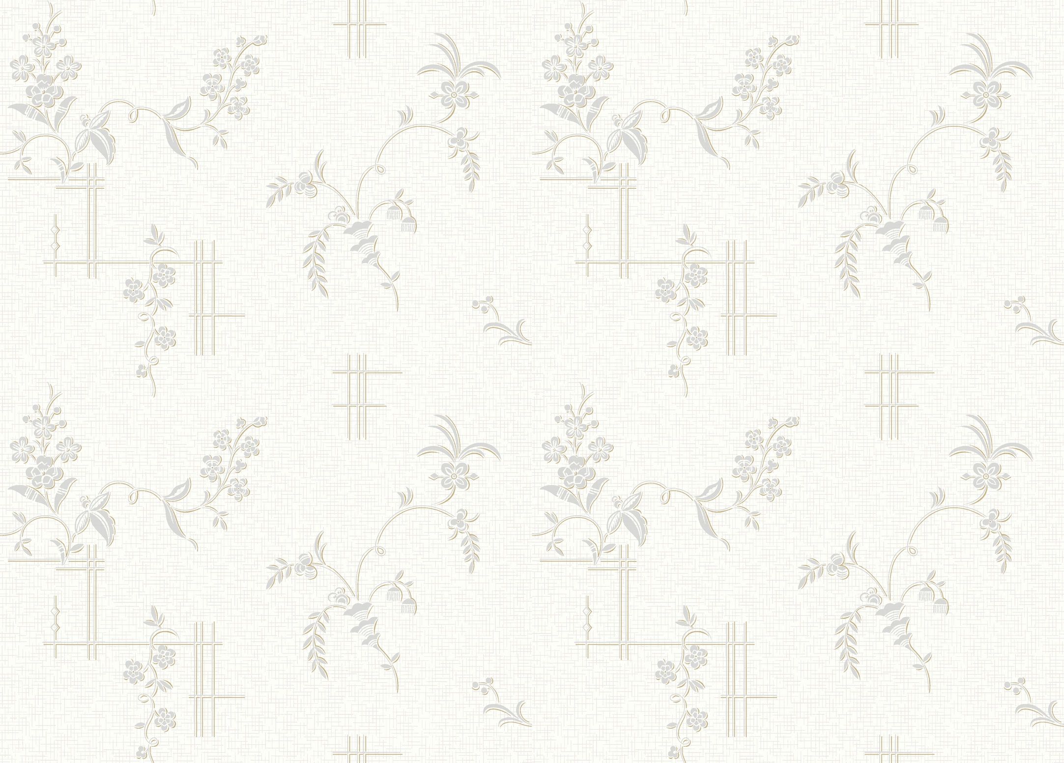 Ulricehamn tapet från Boråstapeter med blommigt mönster i vit och guld. Från kollektionen anno. Nonwoven-material med förskjuten passning. Lyx, city-stil. Passar i sovrum och matsal.