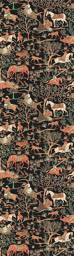 Marwari Teal tapet med djur, botaniskt mönster i svart. Från kollektionen Summer. Nonwoven-material.