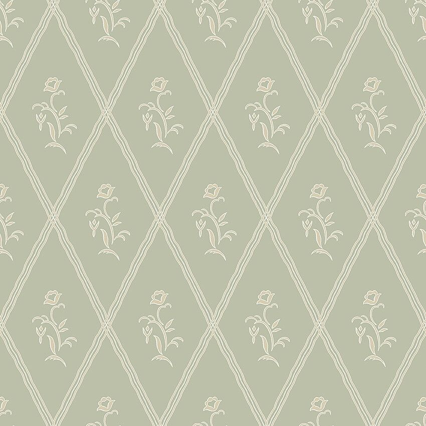 Signe grön tapet tapet med blommigt, trellis mönster i grön. Från kollektionen Swedish Grace. Nonwoven-material med rak passning. Passar i hall.