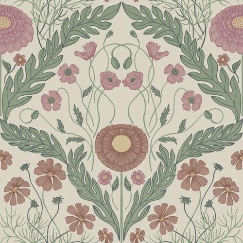 Marguerite storblommig, ljus tapet från Midbec med botaniskt mönster i grön och beige. Från kollektionen Blomstermåla. Nonwoven-material med rak passning.