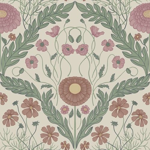 Marguerite storblommig, ljus tapet från Midbec med botaniskt mönster i grön och beige. Från kollektionen Blomstermåla. Nonwoven-material med rak passning.