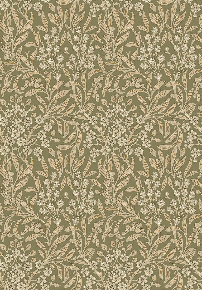 Kryddhyllan tapet med botaniskt, blommigt mönster i grön. Från kollektionen Alla Tiders Hus. Nonwoven-material med rak passning. Passar i vardagsrum, matsal och kök.