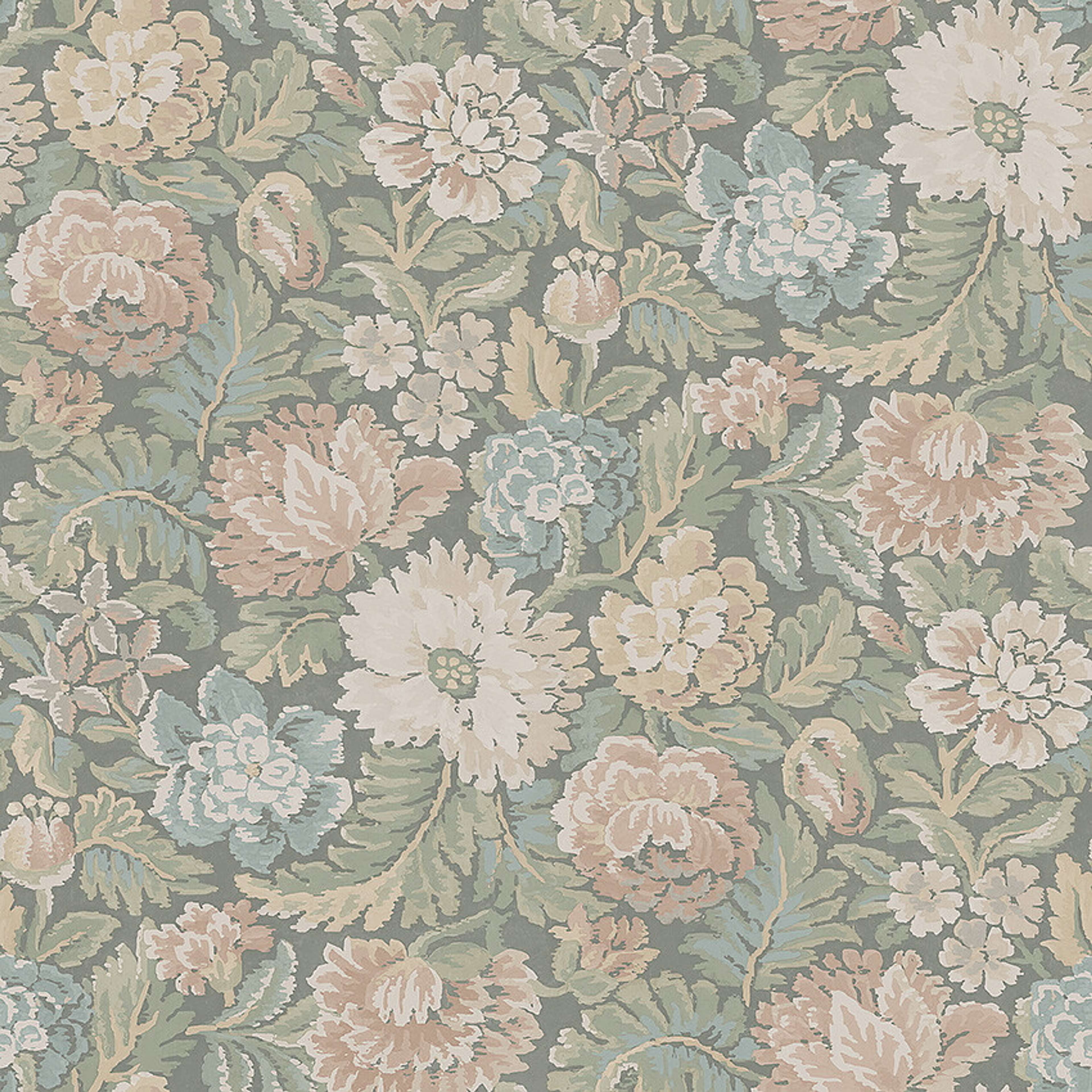 Nightingale Garden grågrön botten tapet med blommigt mönster i grön. Från kollektionen Cottage Garden. Nonwoven-material med rak passning. Passar i vardagsrum, matsal och hall.