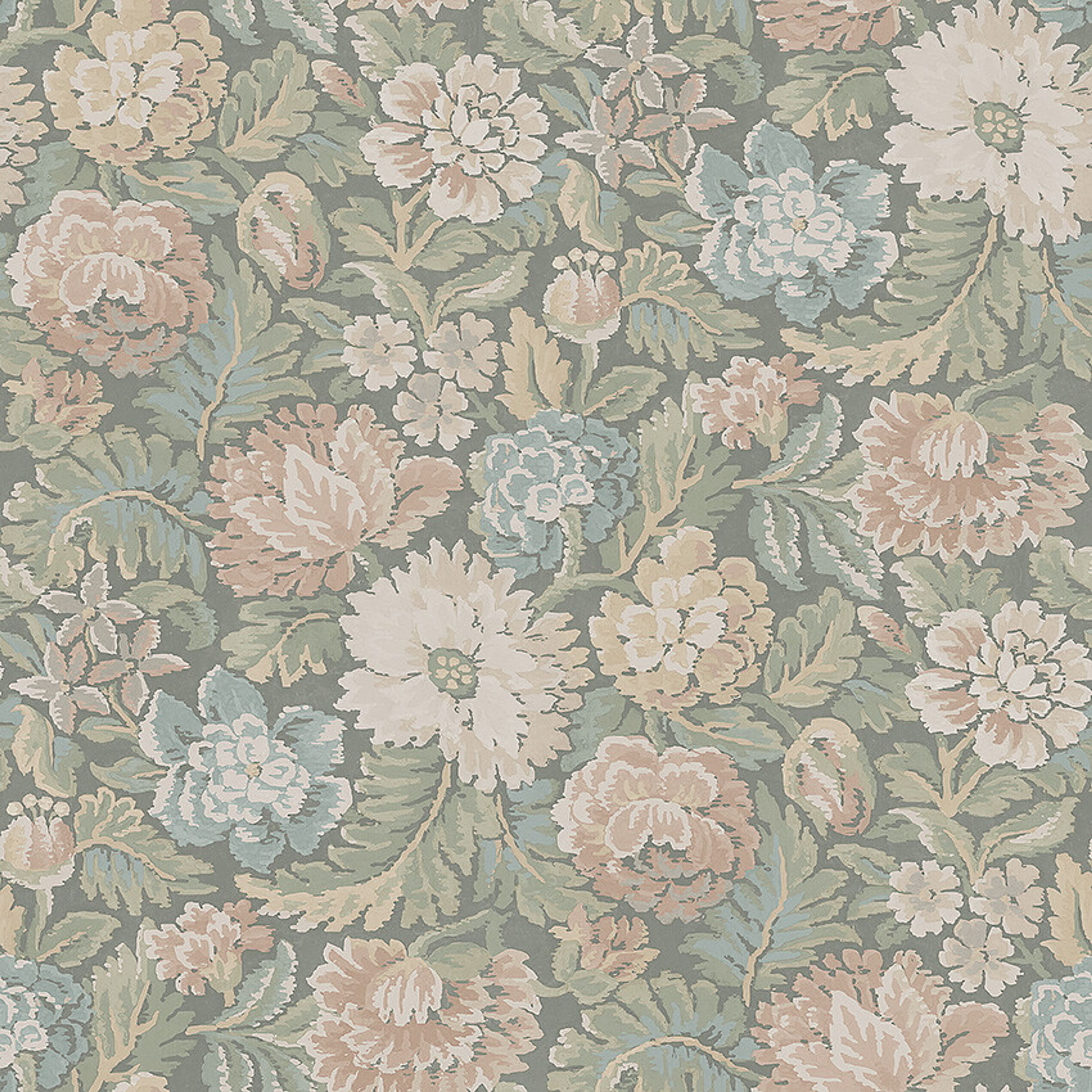 Nightingale Garden grågrön botten tapet med blommigt mönster i grön. Från kollektionen Cottage Garden. Nonwoven-material med rak passning. Passar i vardagsrum, matsal och hall.